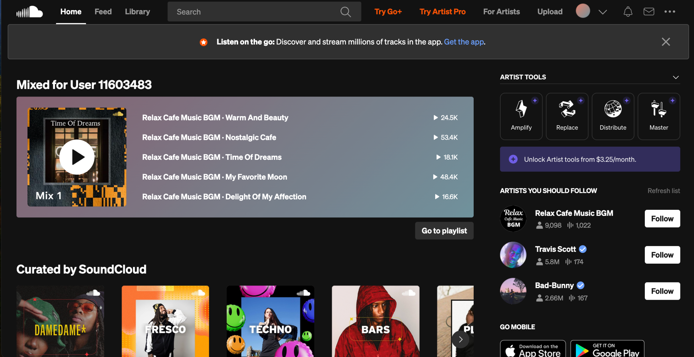 Front page for Soundcloud